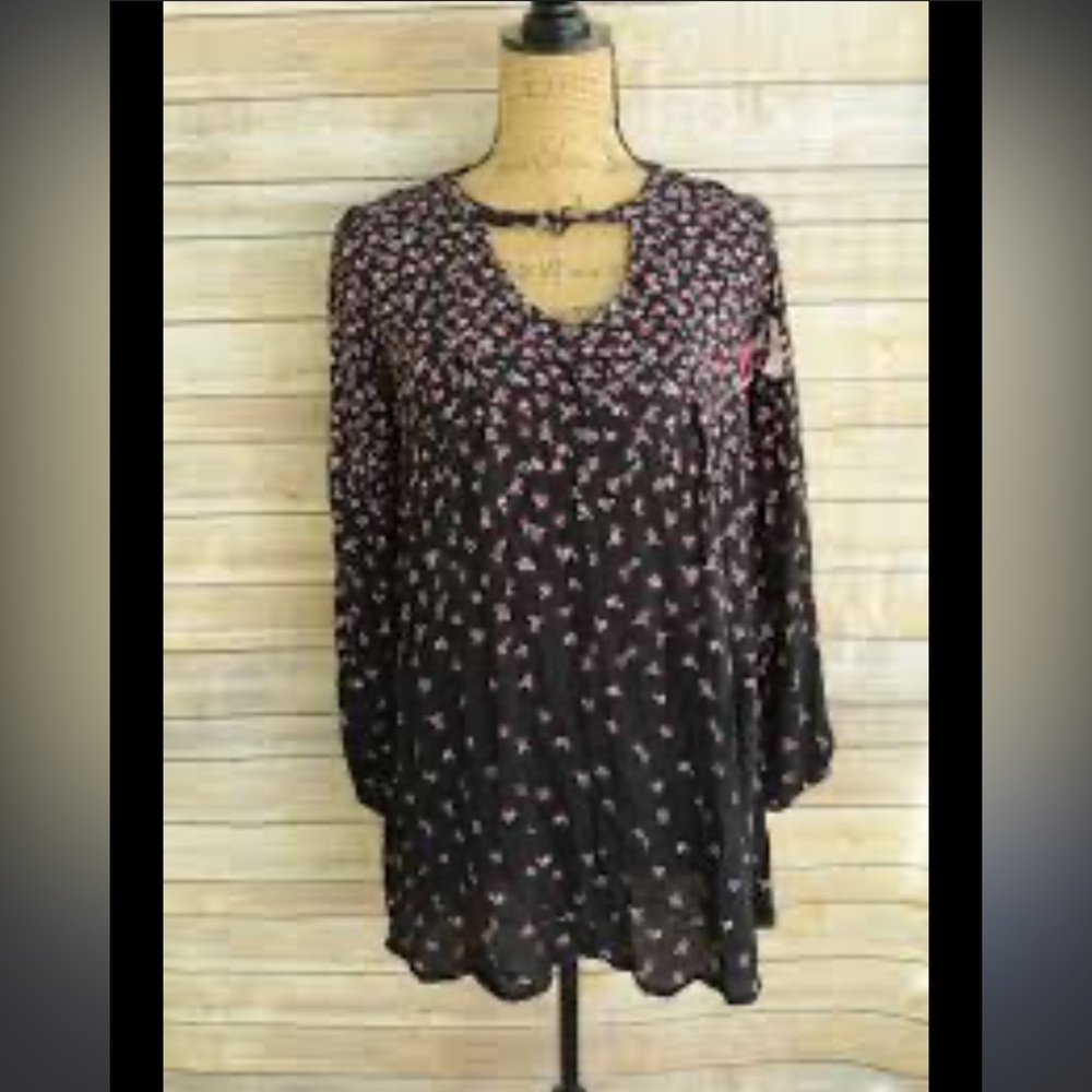 Boho black floral women’s tunic dress top keyhole hi low wear either way S